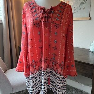 Style & Co. Coral and Navy Lace-Up Blouse